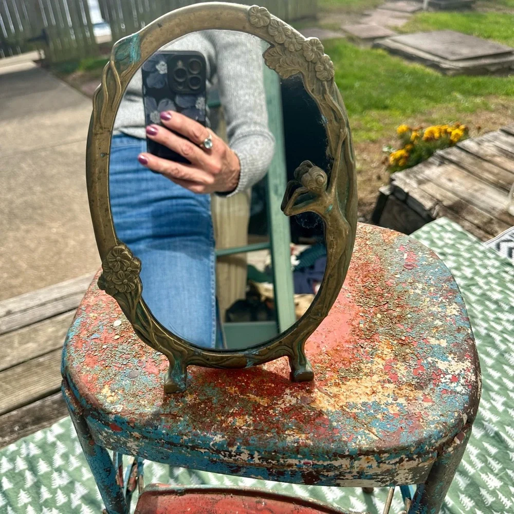 Antique Art Nouveau Brass Vanity Table Top Footed Mirror Lady by the Lake